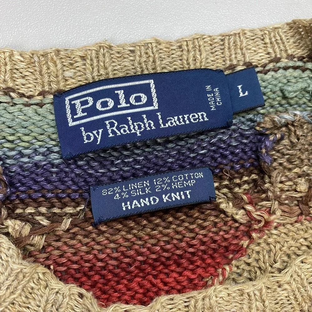 VTG Polo Ralph Lauren Hand Knit Southwestern Sweater Mens L Linen Silk Cotton